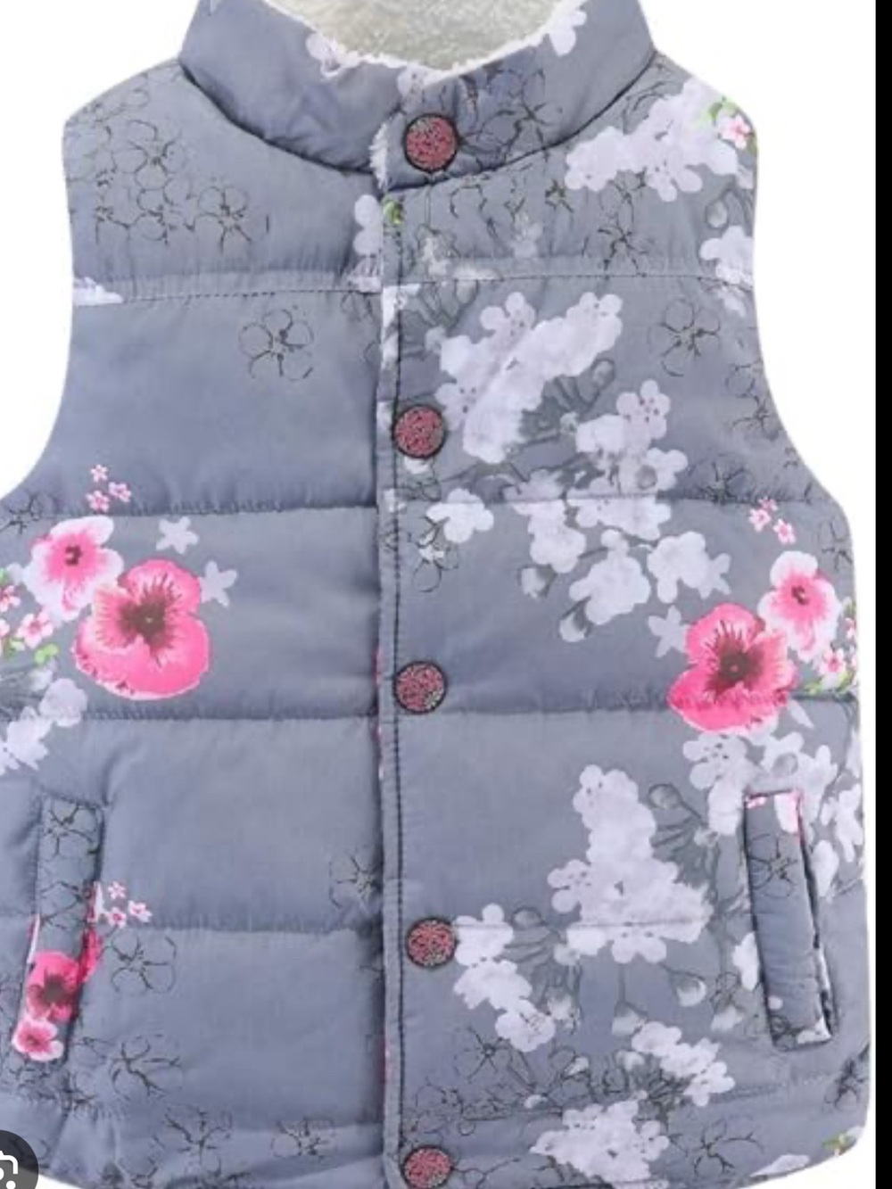 Girls Quilted Vest with Pink Floral Print - Gray